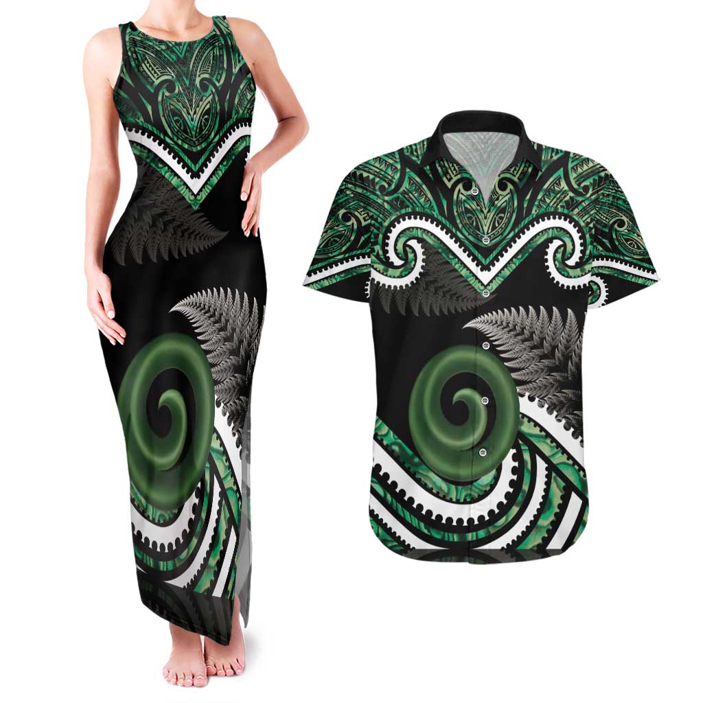 Koru Pounamu Aotearoa Couples Matching Tank Maxi Dress and Hawaiian Shirt Maori Paua Shell Mix Silver Fern