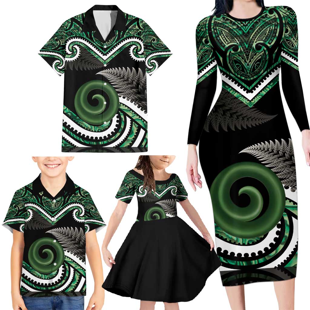 Koru Pounamu Aotearoa Family Matching Long Sleeve Bodycon Dress and Hawaiian Shirt Maori Paua Shell Mix Silver Fern LT14 - Polynesian Pride