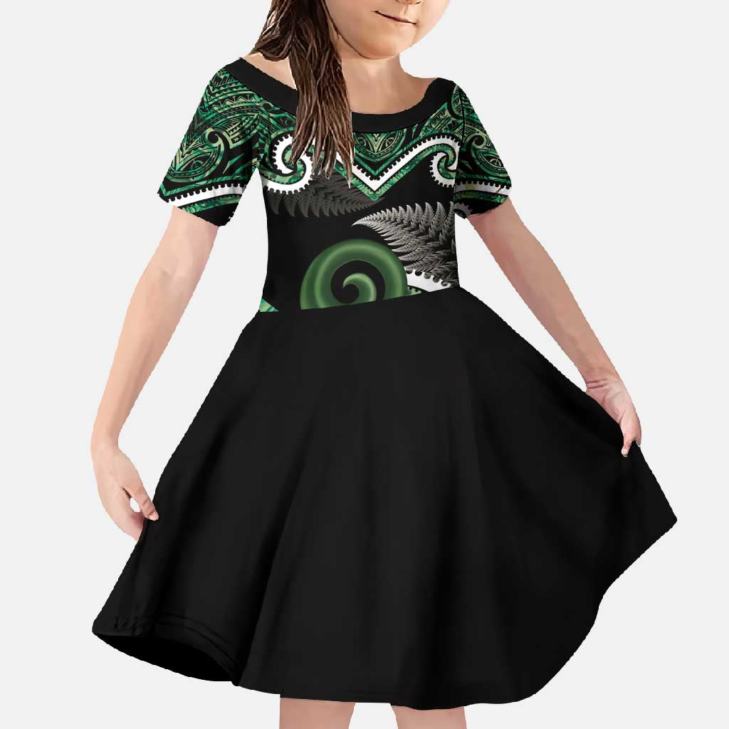 Koru Pounamu Aotearoa Family Matching Mermaid Dress and Hawaiian Shirt Maori Paua Shell Mix Silver Fern LT14 Daughter's Dress Black - Polynesian Pride