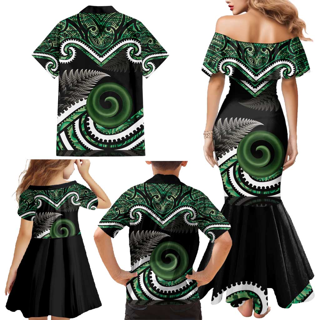 Koru Pounamu Aotearoa Family Matching Mermaid Dress and Hawaiian Shirt Maori Paua Shell Mix Silver Fern LT14 - Polynesian Pride