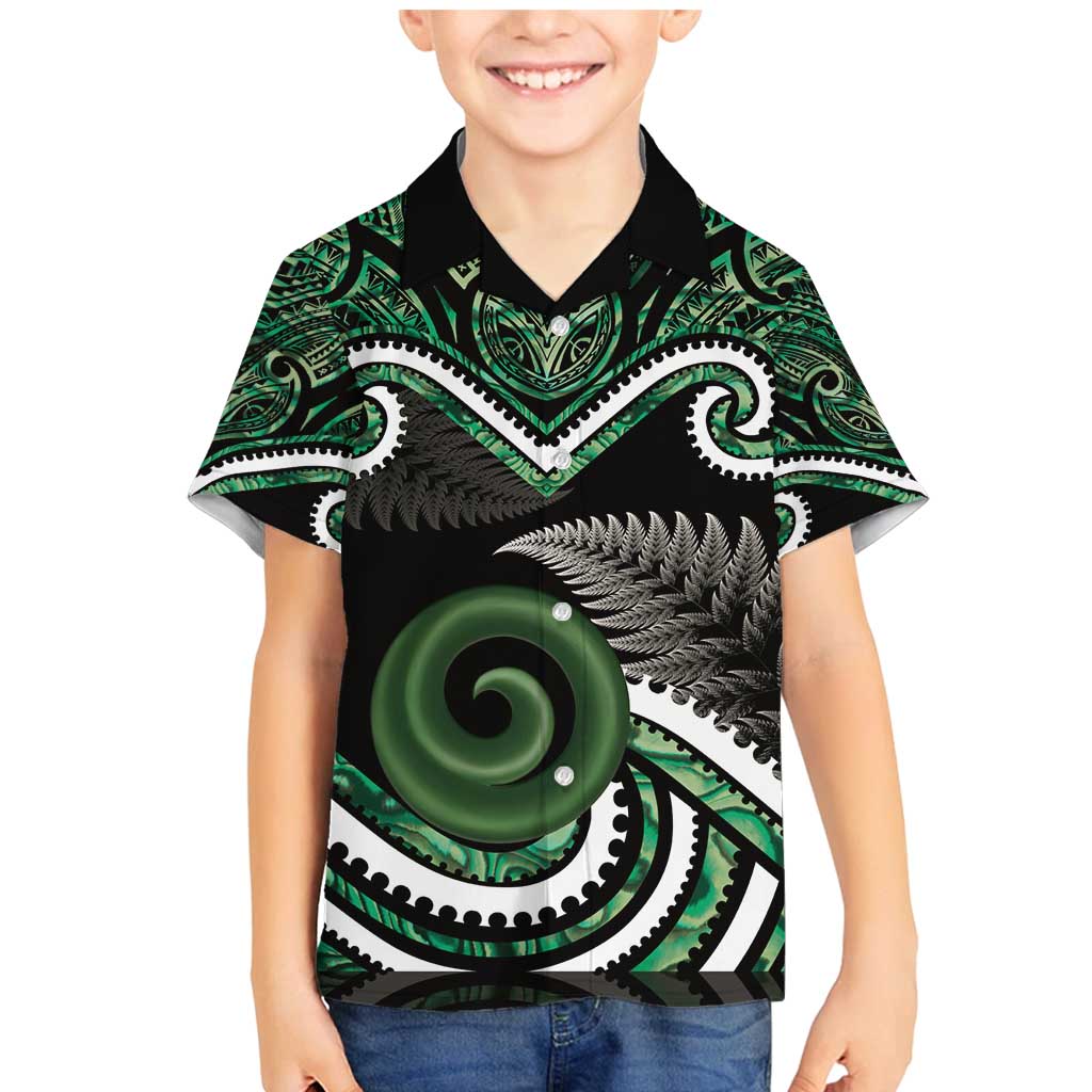 Koru Pounamu Aotearoa Family Matching Mermaid Dress and Hawaiian Shirt Maori Paua Shell Mix Silver Fern LT14 Son's Shirt Black - Polynesian Pride