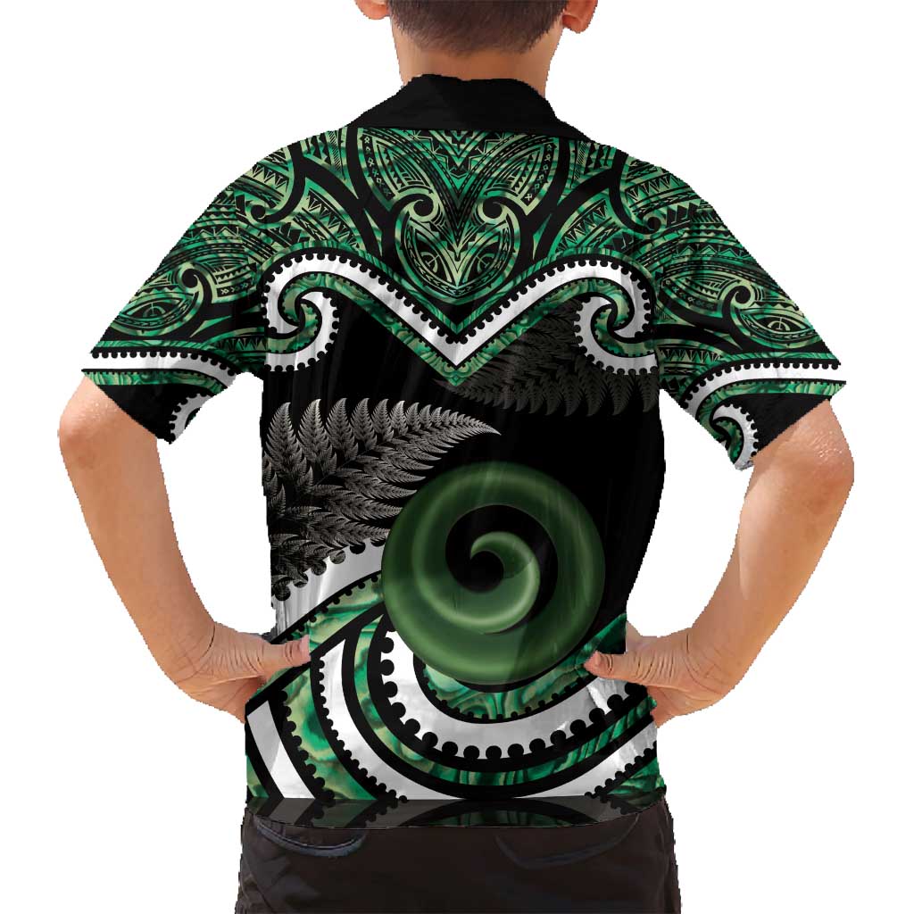Koru Pounamu Aotearoa Family Matching Off Shoulder Short Dress and Hawaiian Shirt Maori Paua Shell Mix Silver Fern LT14 - Polynesian Pride