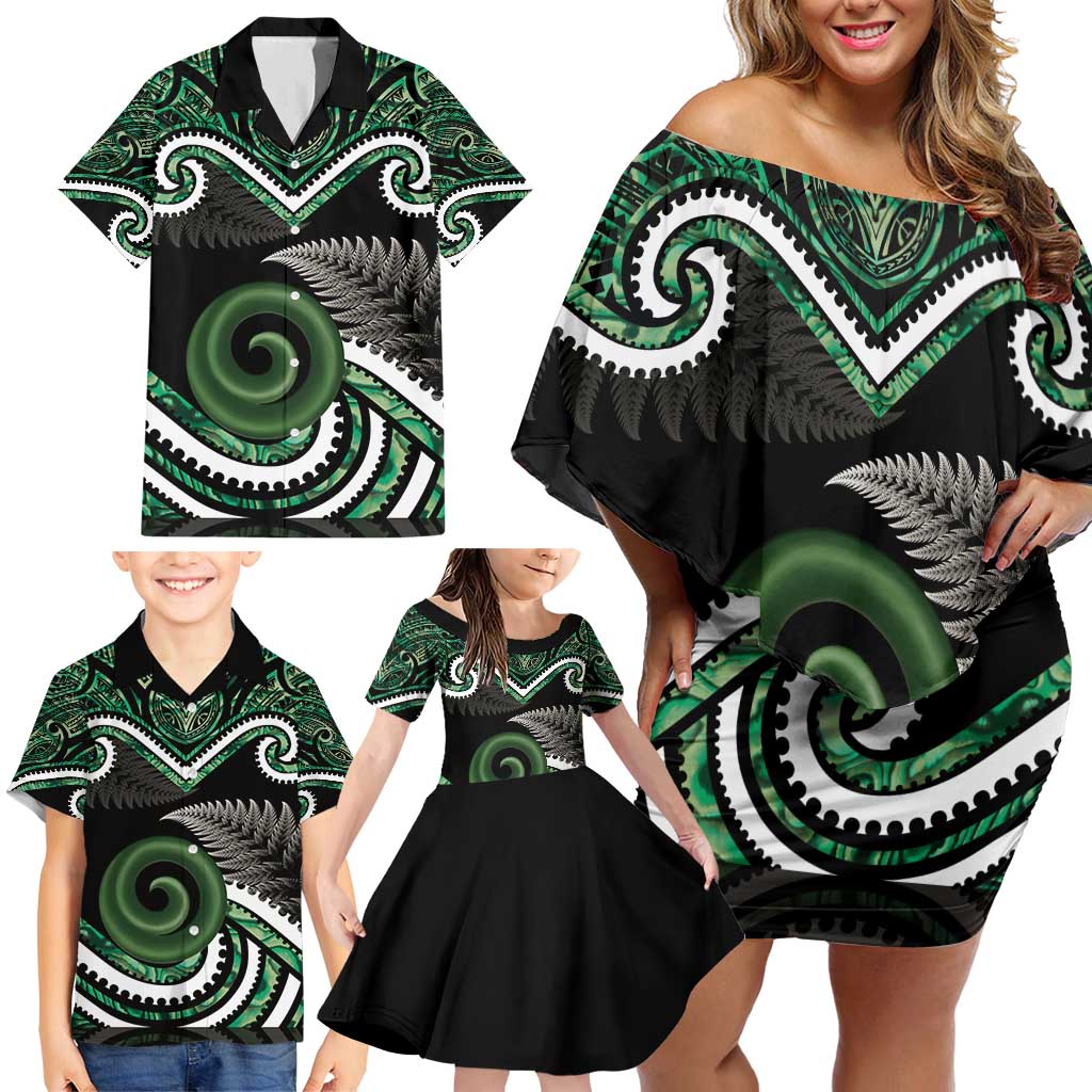 Koru Pounamu Aotearoa Family Matching Off Shoulder Short Dress and Hawaiian Shirt Maori Paua Shell Mix Silver Fern