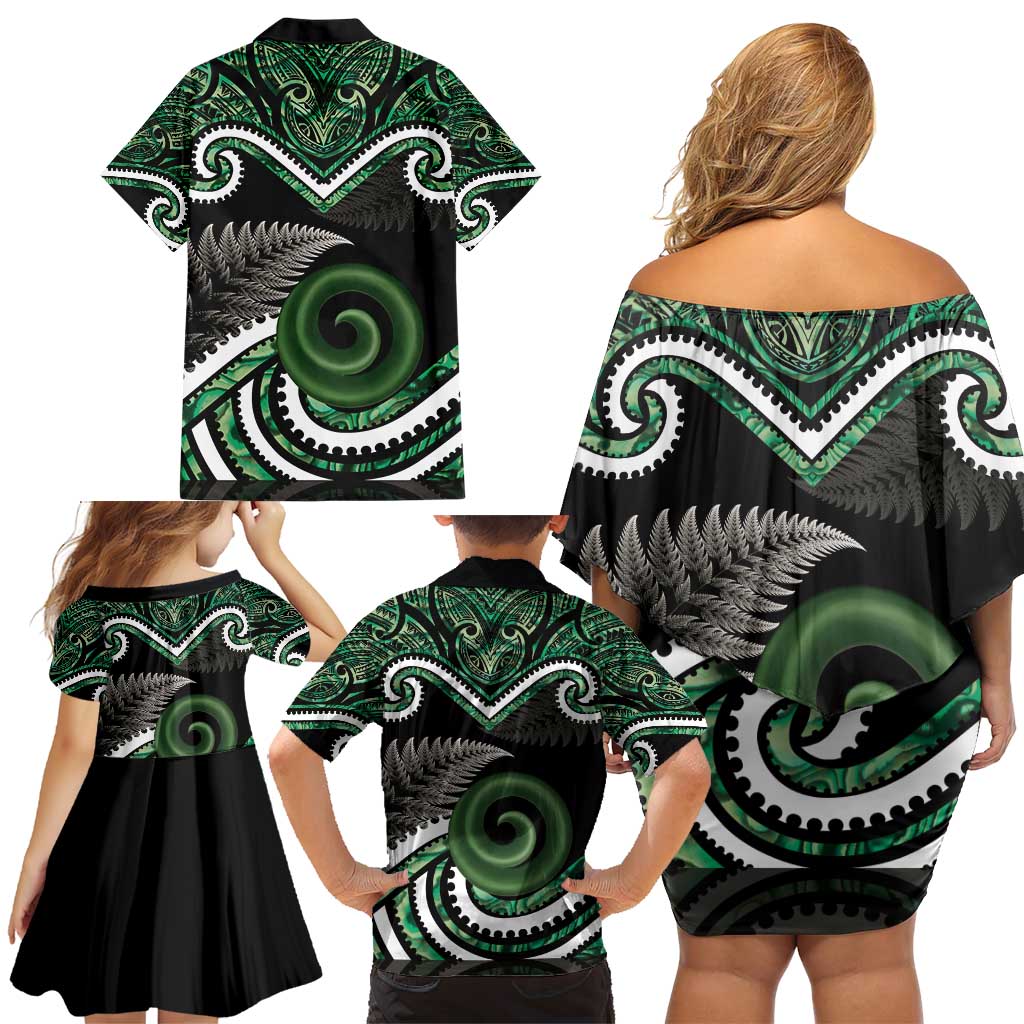 Koru Pounamu Aotearoa Family Matching Off Shoulder Short Dress and Hawaiian Shirt Maori Paua Shell Mix Silver Fern LT14 - Polynesian Pride