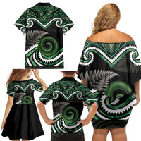 Koru Pounamu Aotearoa Family Matching Off Shoulder Short Dress and Hawaiian Shirt Maori Paua Shell Mix Silver Fern LT14 - Polynesian Pride