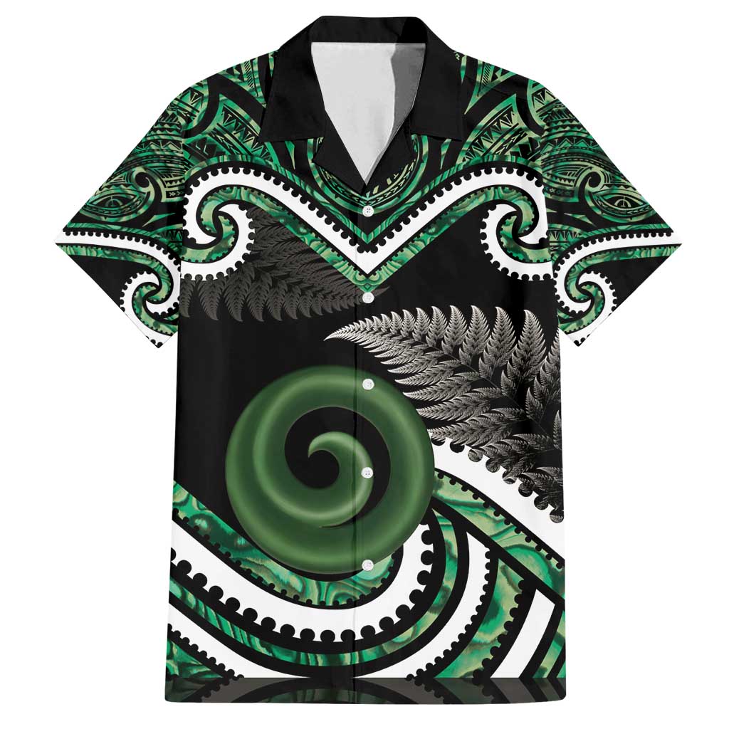 Koru Pounamu Aotearoa Family Matching Off Shoulder Short Dress and Hawaiian Shirt Maori Paua Shell Mix Silver Fern LT14 Dad's Shirt - Short Sleeve Black - Polynesian Pride