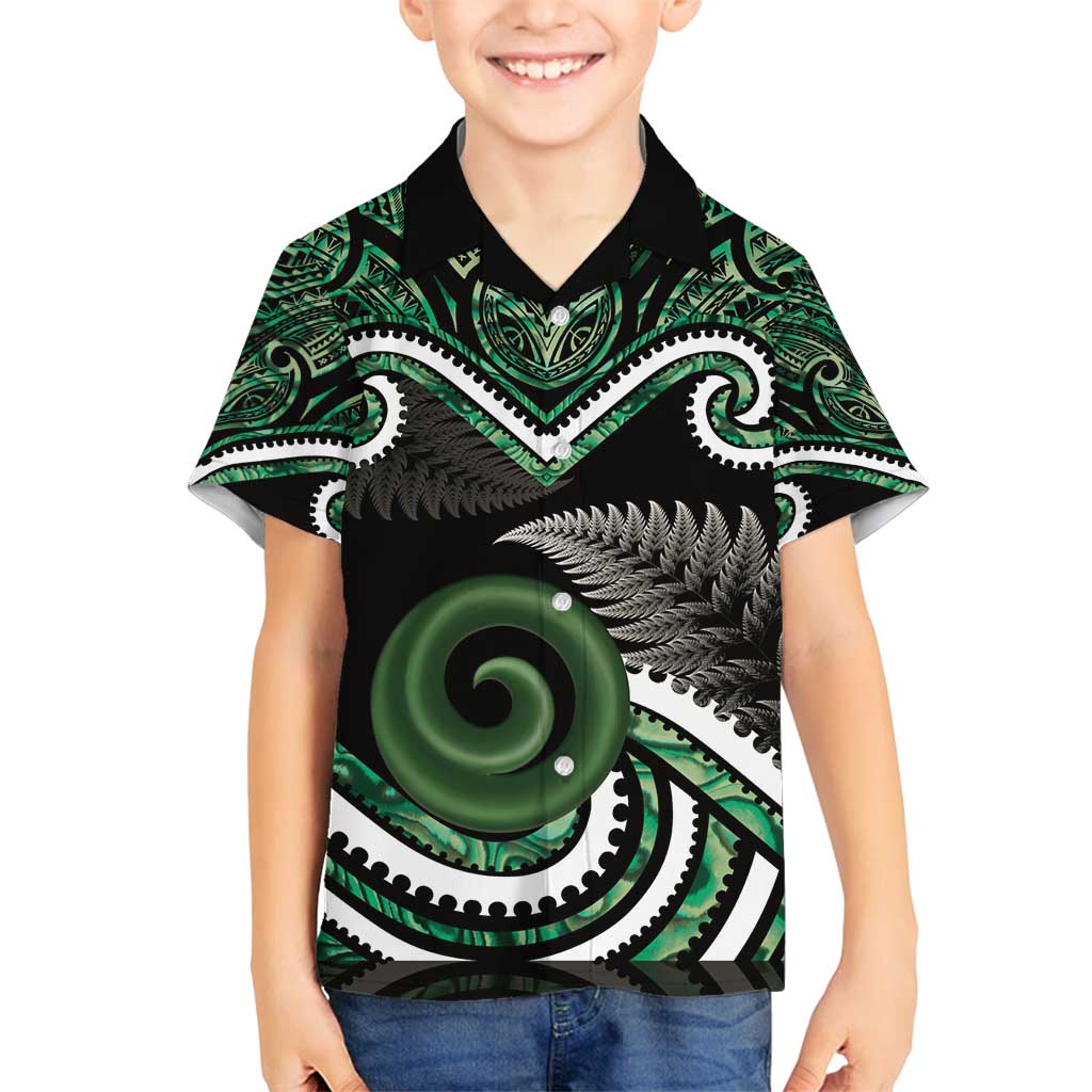 Koru Pounamu Aotearoa Family Matching Off Shoulder Short Dress and Hawaiian Shirt Maori Paua Shell Mix Silver Fern LT14 Son's Shirt Black - Polynesian Pride