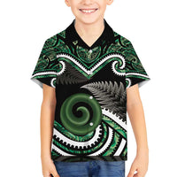 Koru Pounamu Aotearoa Family Matching Off Shoulder Short Dress and Hawaiian Shirt Maori Paua Shell Mix Silver Fern LT14 Son's Shirt Black - Polynesian Pride