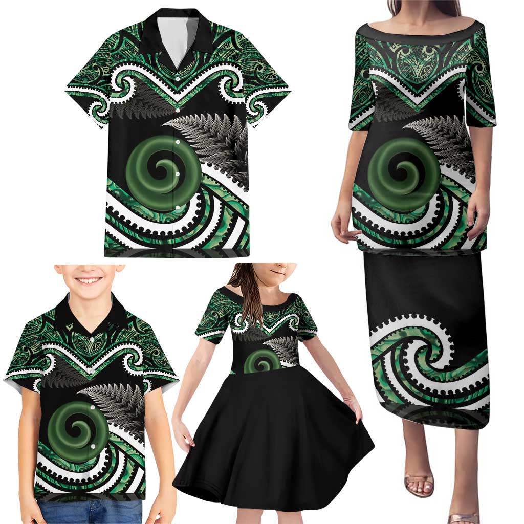 Koru Pounamu Aotearoa Family Matching Puletasi and Hawaiian Shirt Maori Paua Shell Mix Silver Fern LT14 - Polynesian Pride