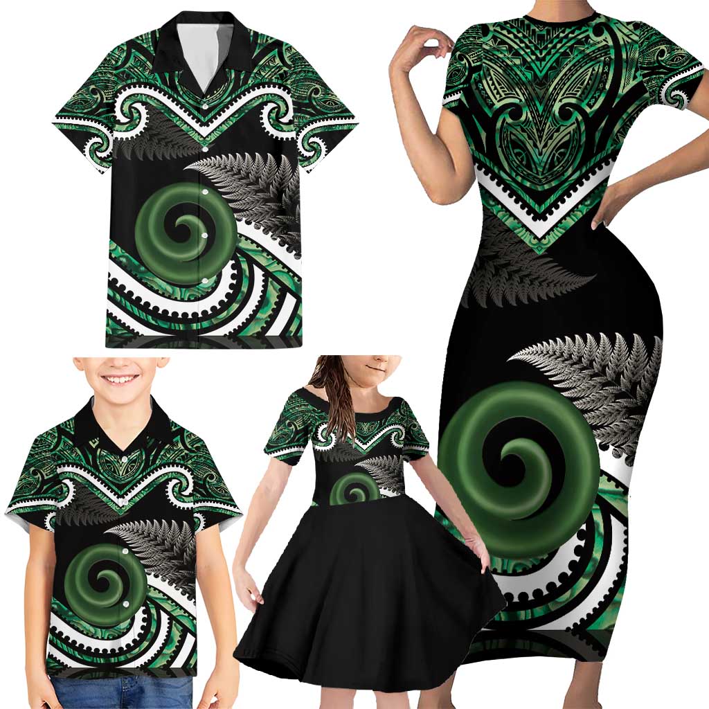 Koru Pounamu Aotearoa Family Matching Short Sleeve Bodycon Dress and Hawaiian Shirt Maori Paua Shell Mix Silver Fern