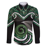 Koru Pounamu Aotearoa Family Matching Short Sleeve Bodycon Dress and Hawaiian Shirt Maori Paua Shell Mix Silver Fern LT14 Dad's Shirt - Long Sleeve Black - Polynesian Pride
