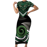 Koru Pounamu Aotearoa Family Matching Short Sleeve Bodycon Dress and Hawaiian Shirt Maori Paua Shell Mix Silver Fern LT14 Mom's Dress Black - Polynesian Pride