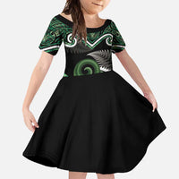Koru Pounamu Aotearoa Family Matching Tank Maxi Dress and Hawaiian Shirt Maori Paua Shell Mix Silver Fern LT14 Daughter's Dress Black - Polynesian Pride