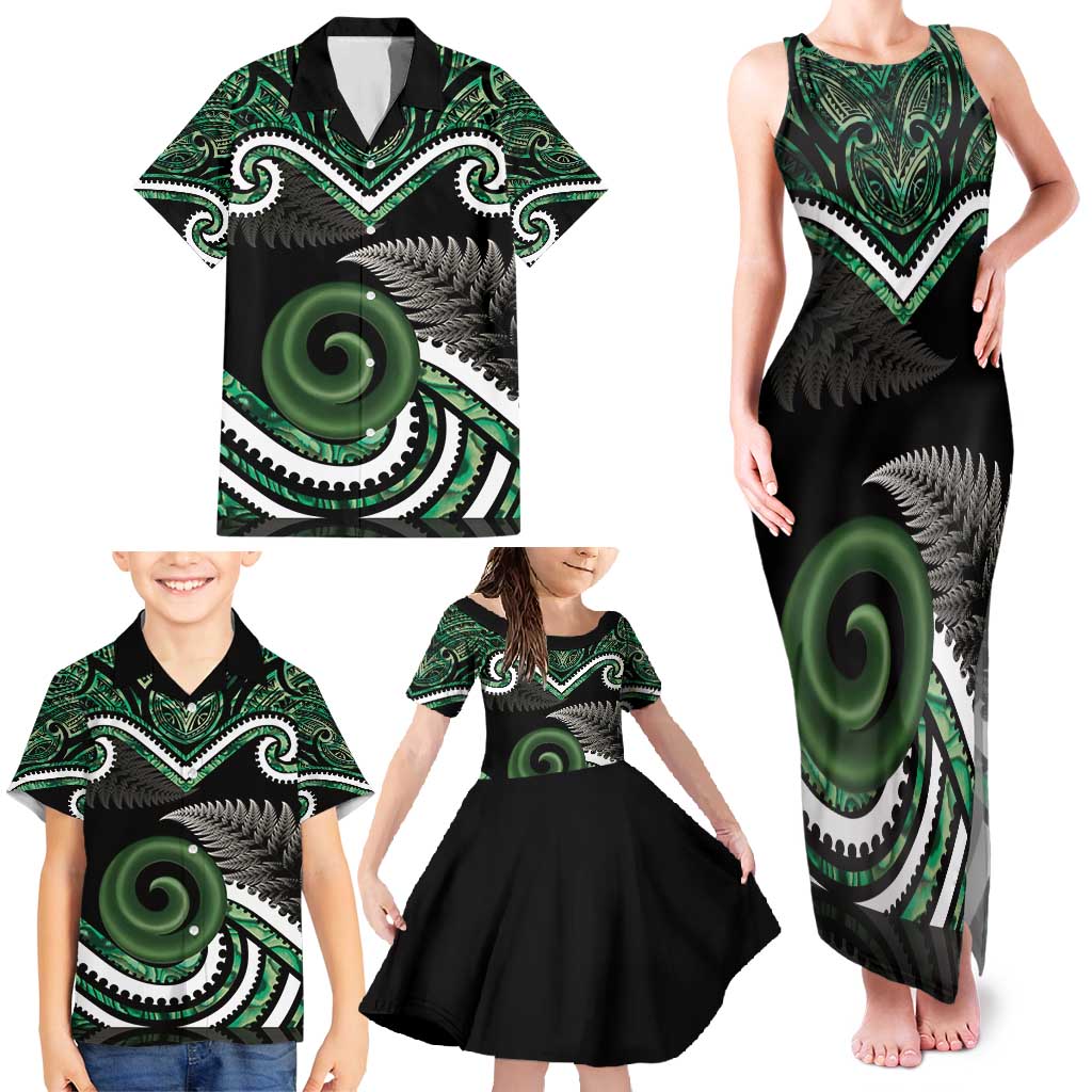 Koru Pounamu Aotearoa Family Matching Tank Maxi Dress and Hawaiian Shirt Maori Paua Shell Mix Silver Fern LT14 - Polynesian Pride