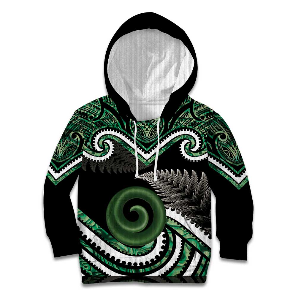 Koru Pounamu Aotearoa Kid Hoodie Maori Paua Shell Mix Silver Fern