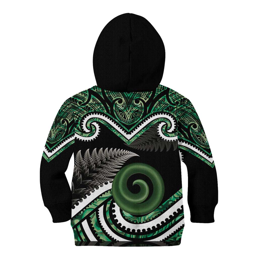 Koru Pounamu Aotearoa Kid Hoodie Maori Paua Shell Mix Silver Fern