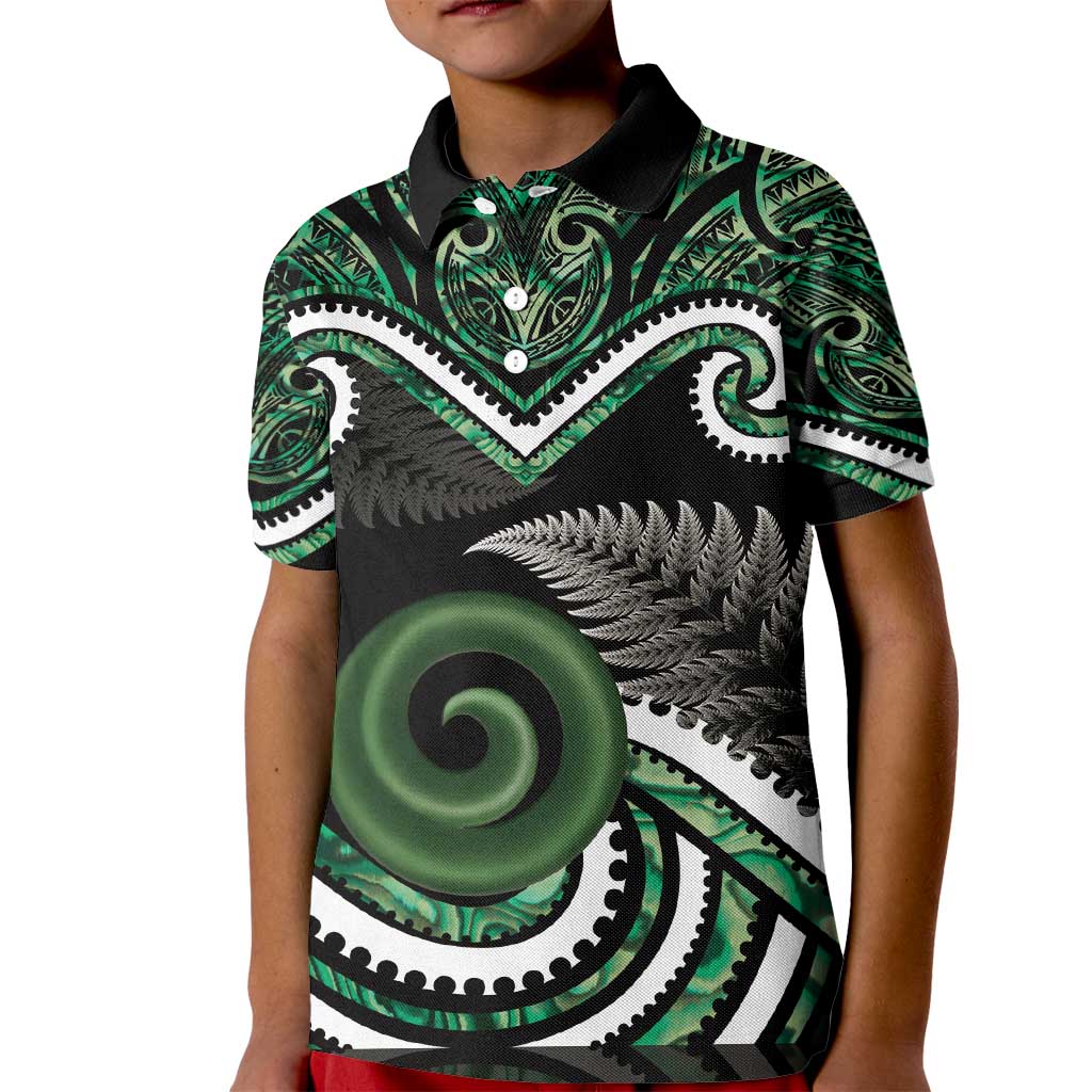 Koru Pounamu Aotearoa Kid Polo Shirt Maori Paua Shell Mix Silver Fern LT14 Kid Black - Polynesian Pride