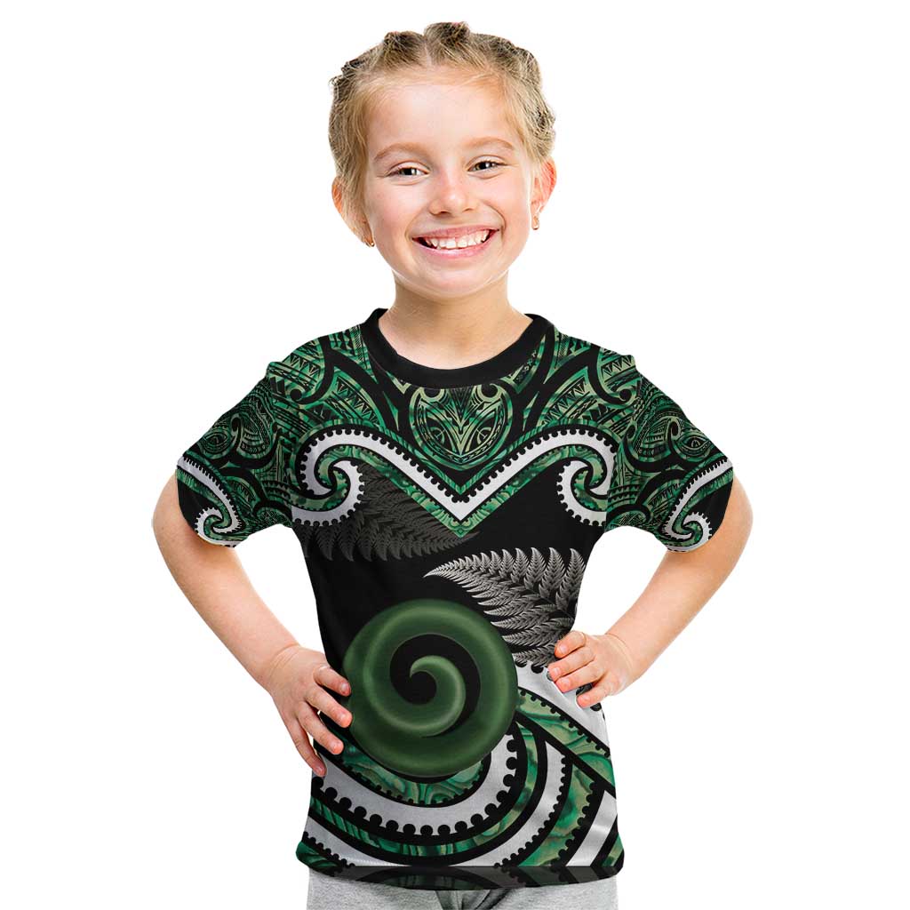 Koru Pounamu Aotearoa Kid T Shirt Maori Paua Shell Mix Silver Fern