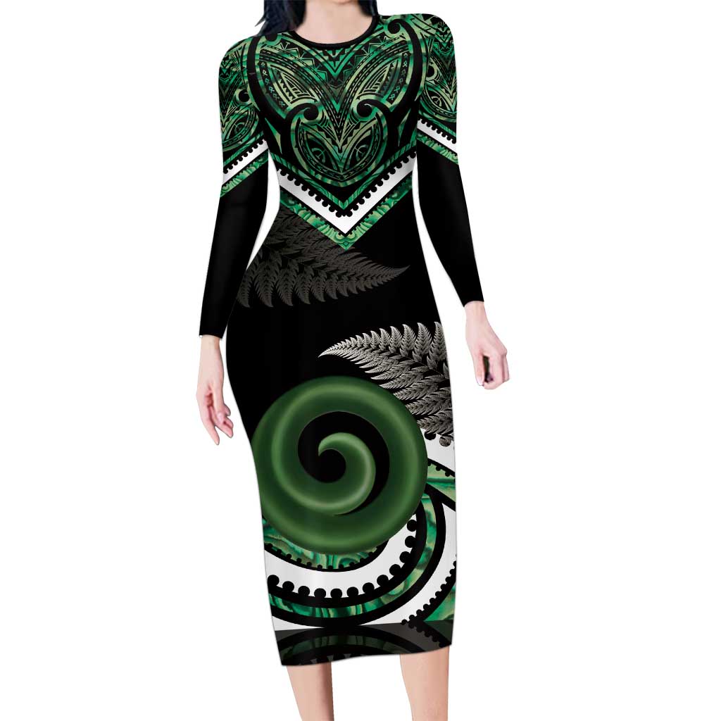 Koru Pounamu Aotearoa Long Sleeve Bodycon Dress Maori Paua Shell Mix Silver Fern