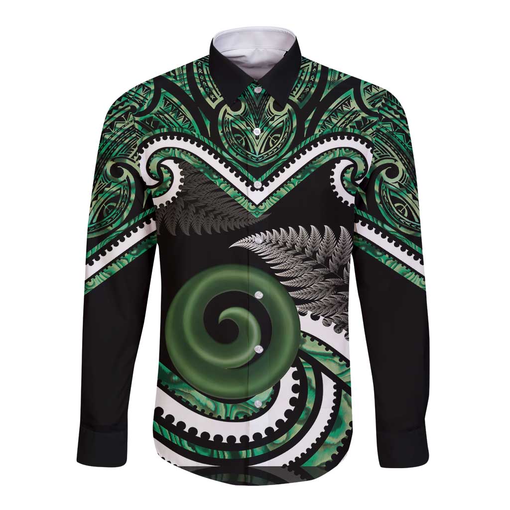 Koru Pounamu Aotearoa Long Sleeve Button Shirt Maori Paua Shell Mix Silver Fern LT14 Unisex Black - Polynesian Pride