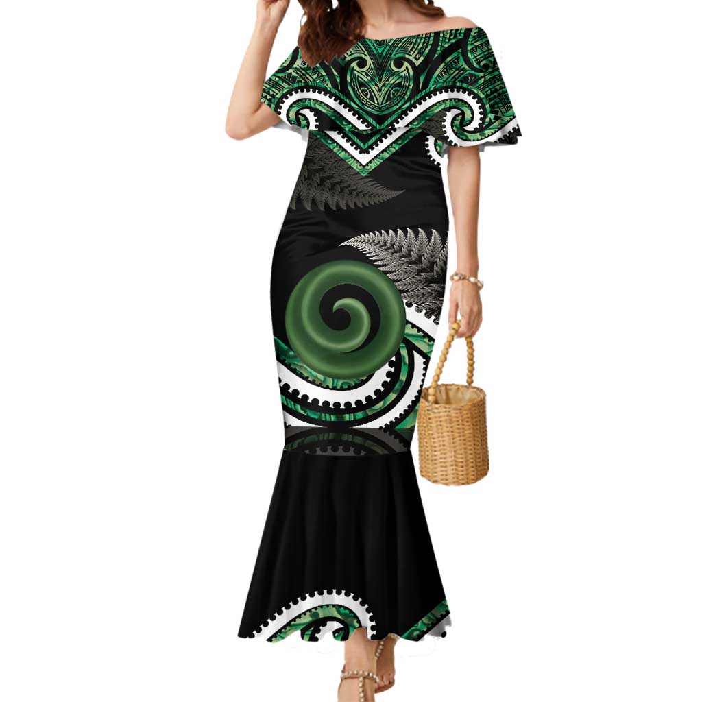 Koru Pounamu Aotearoa Mermaid Dress Maori Paua Shell Mix Silver Fern LT14 Women Black - Polynesian Pride