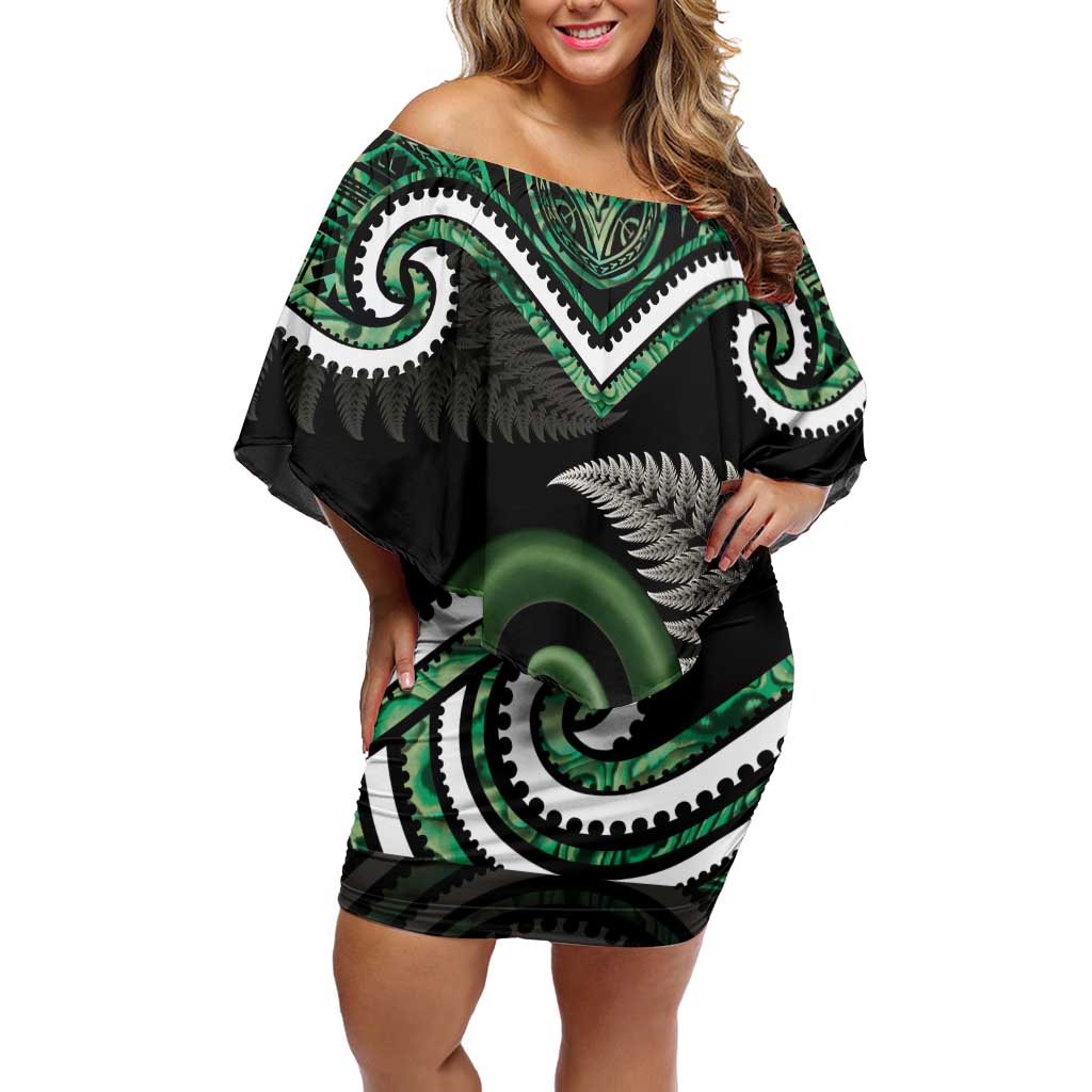 Koru Pounamu Aotearoa Off Shoulder Short Dress Maori Paua Shell Mix Silver Fern