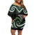 Koru Pounamu Aotearoa Off Shoulder Short Dress Maori Paua Shell Mix Silver Fern