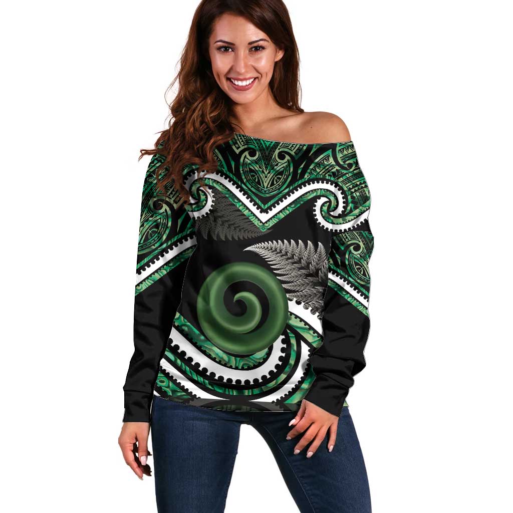 Koru Pounamu Aotearoa Off Shoulder Sweater Maori Paua Shell Mix Silver Fern