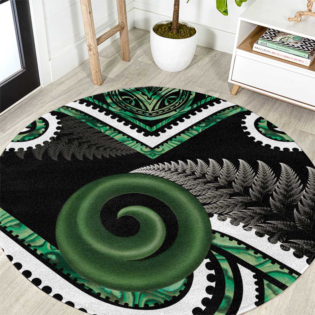 Koru Pounamu Aotearoa Round Carpet Maori Paua Shell Mix Silver Fern