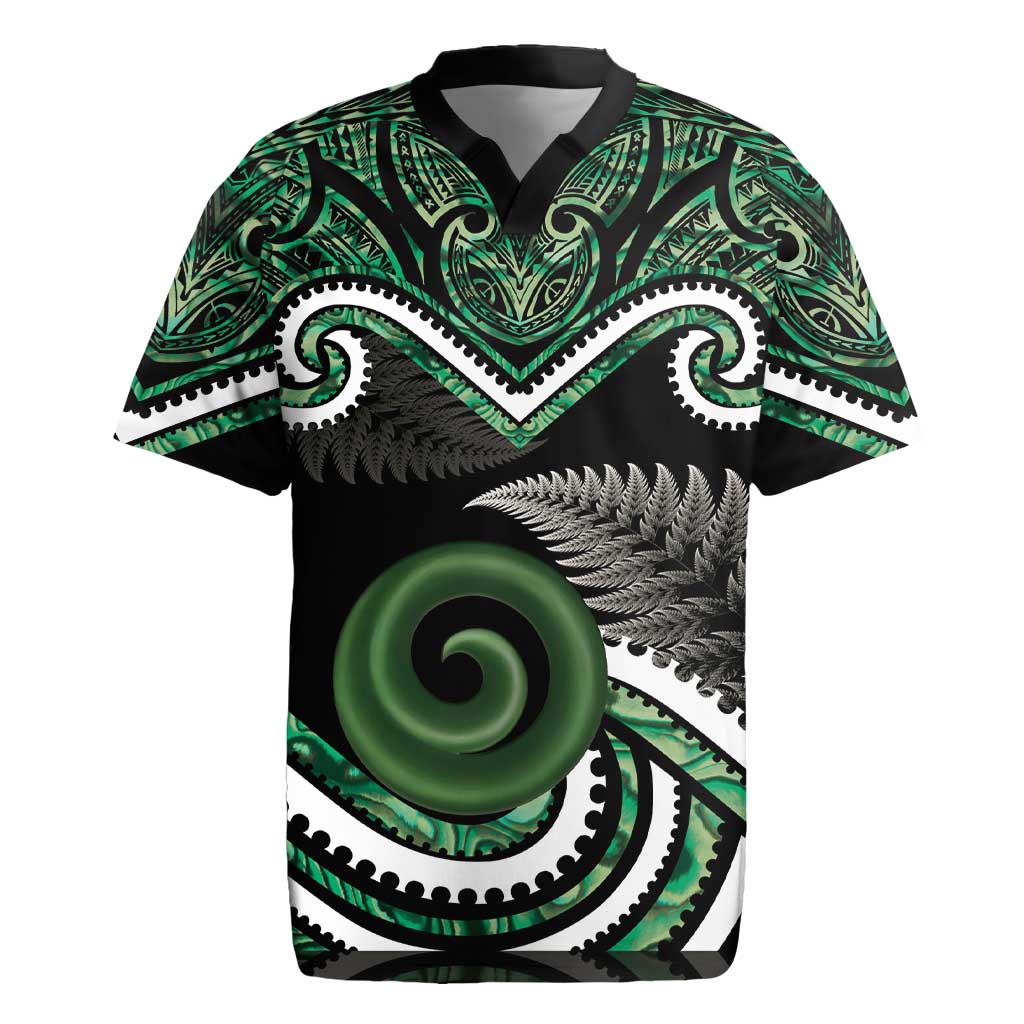 Koru Pounamu Aotearoa Rugby Jersey Maori Paua Shell Mix Silver Fern