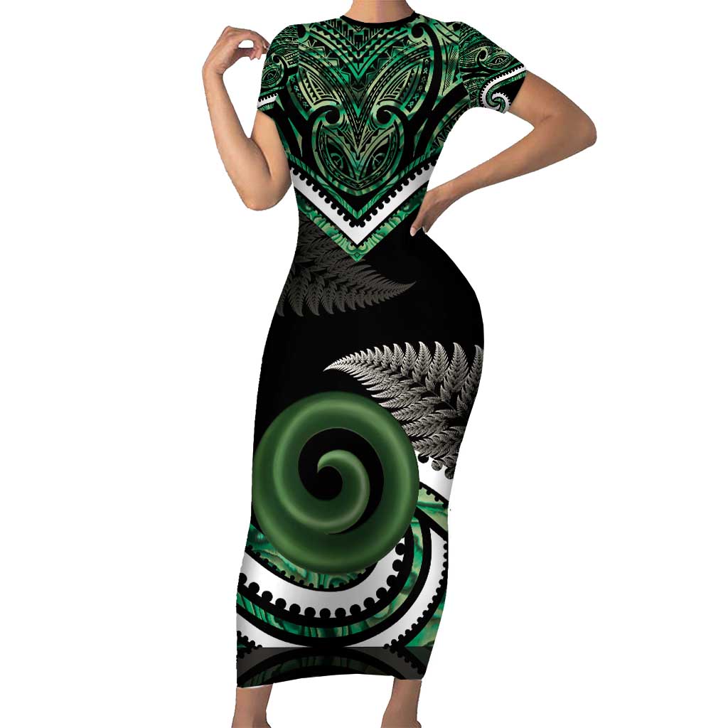 Koru Pounamu Aotearoa Short Sleeve Bodycon Dress Maori Paua Shell Mix Silver Fern