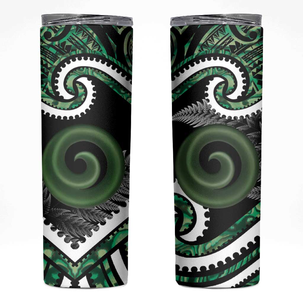 Koru Pounamu Aotearoa Skinny Tumbler Maori Paua Shell Mix Silver Fern LT14 Black - Polynesian Pride