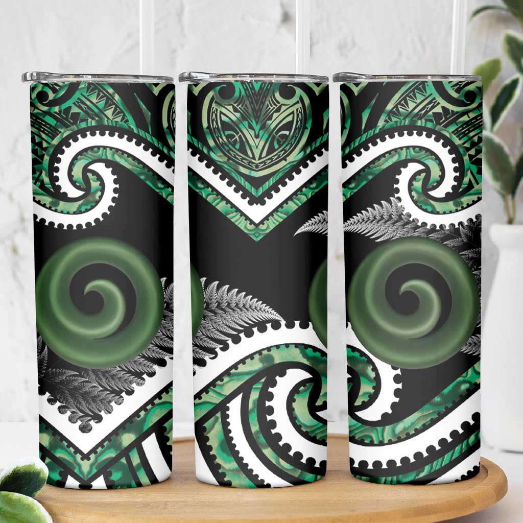 Koru Pounamu Aotearoa Skinny Tumbler Maori Paua Shell Mix Silver Fern LT14 - Polynesian Pride