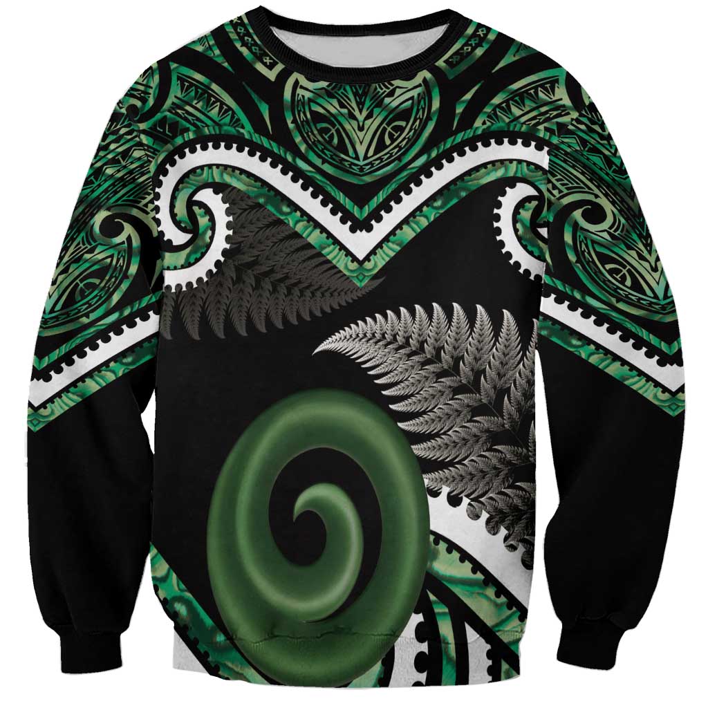 Koru Pounamu Aotearoa Sweatshirt Maori Paua Shell Mix Silver Fern LT14 Unisex Black - Polynesian Pride