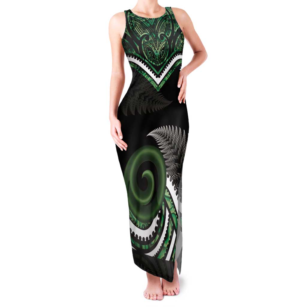 Koru Pounamu Aotearoa Tank Maxi Dress Maori Paua Shell Mix Silver Fern