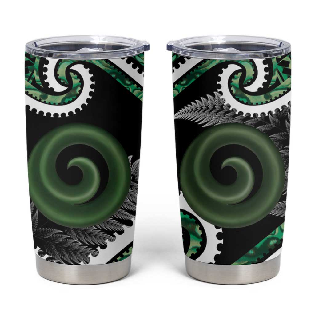 Koru Pounamu Aotearoa Tumbler Cup Maori Paua Shell Mix Silver Fern LT14 Black - Polynesian Pride