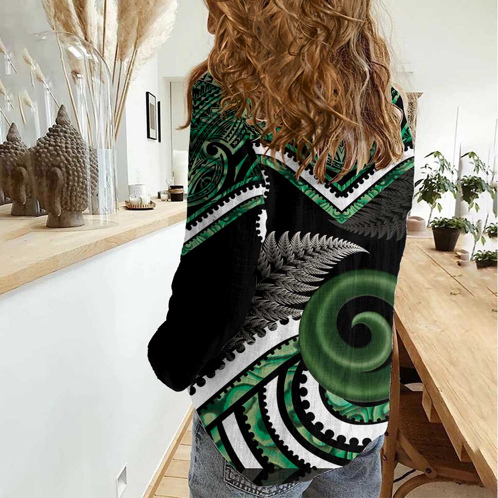 Koru Pounamu Aotearoa Women Casual Shirt Maori Paua Shell Mix Silver Fern LT14 - Polynesian Pride