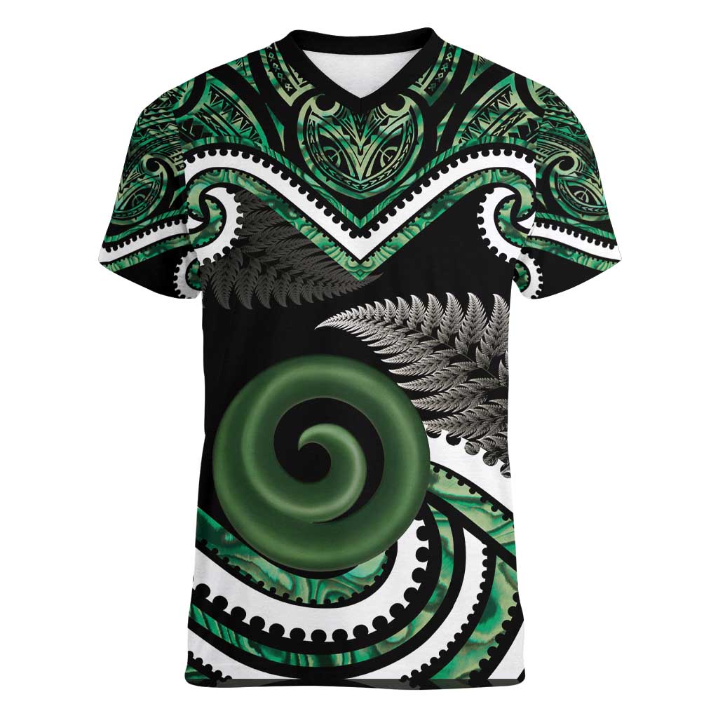 Koru Pounamu Aotearoa Women V-Neck T-Shirt Maori Paua Shell Mix Silver Fern