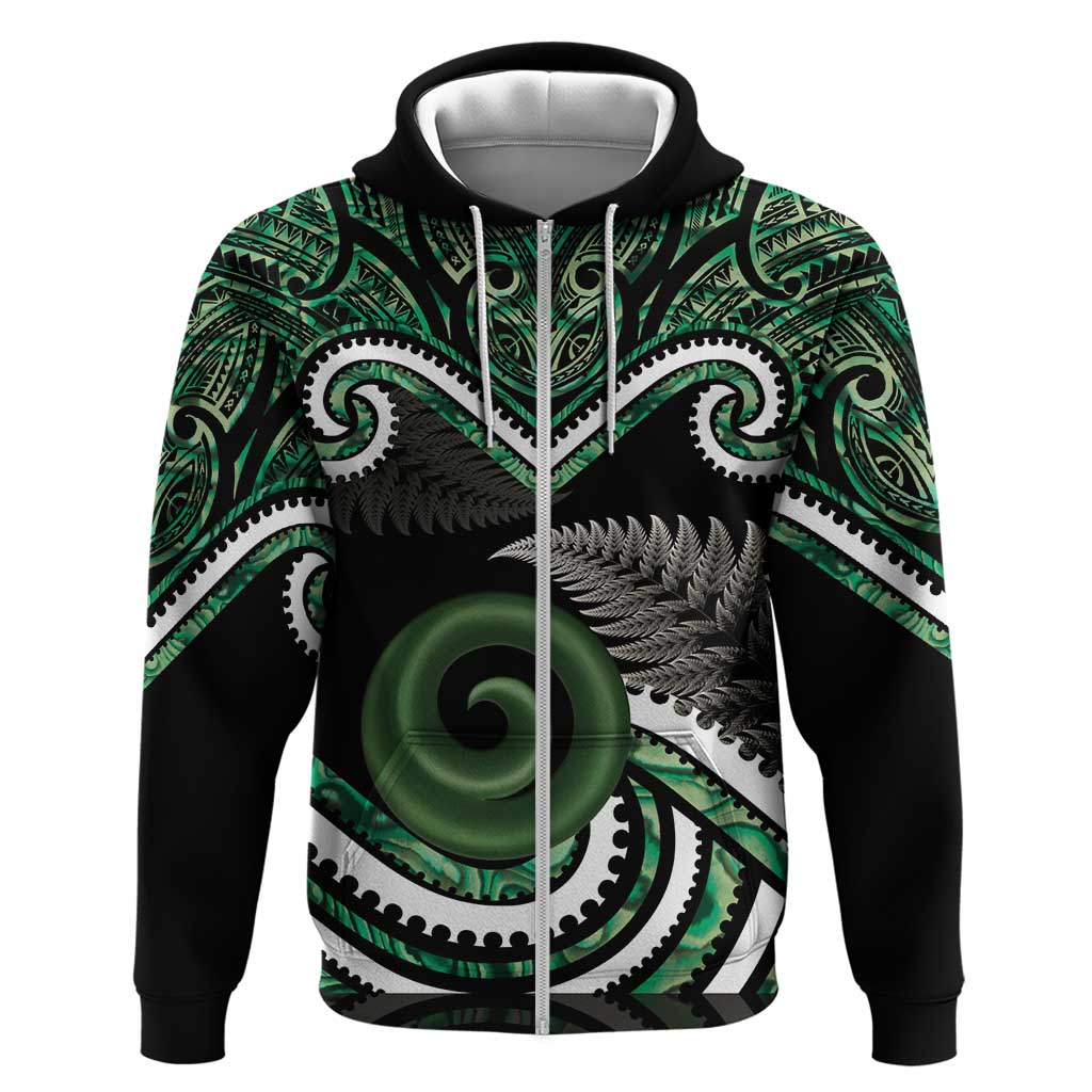 Koru Pounamu Aotearoa Zip Hoodie Maori Paua Shell Mix Silver Fern