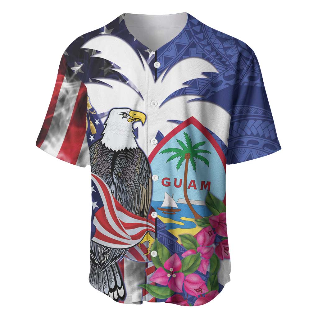 United States Guam Baseball Jersey USA Eagle Guahan Seal Bougainvillea LT14 Blue - Polynesian Pride