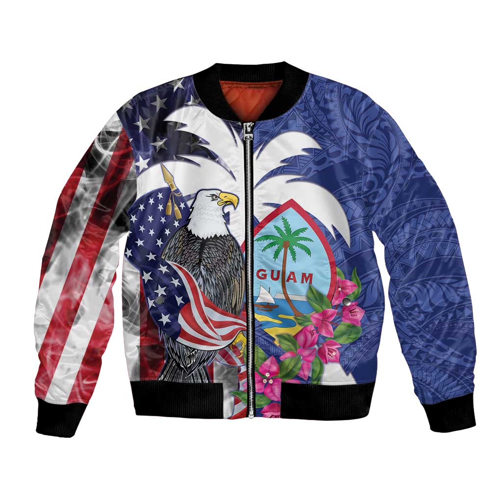 United States Guam Bomber Jacket USA Eagle Guahan Seal Bougainvillea LT14 Unisex Blue - Polynesian Pride
