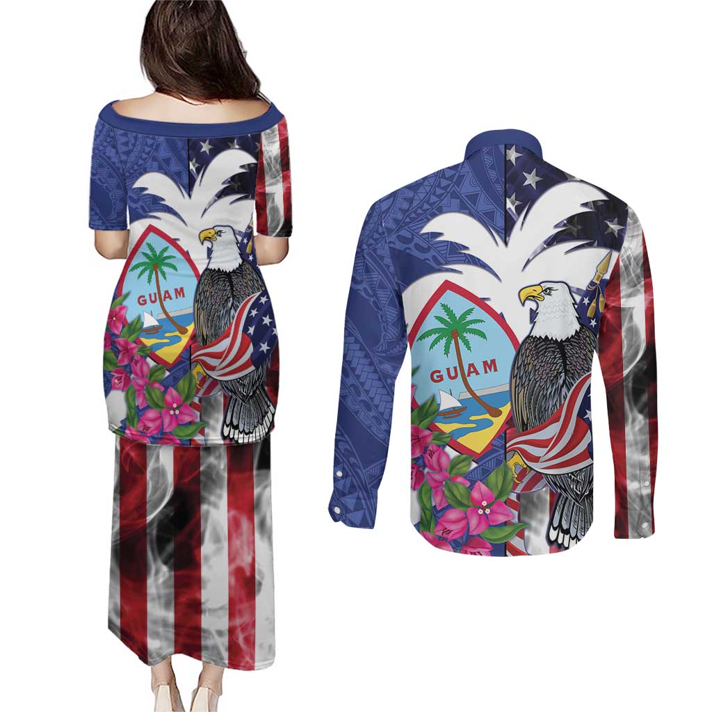 United States Guam Couples Matching Puletasi and Long Sleeve Button Shirt USA Eagle Guahan Seal Bougainvillea - Polynesian Pride