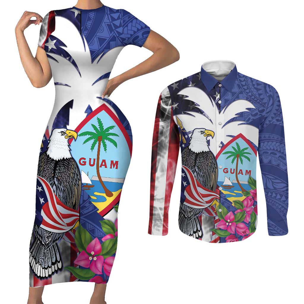 United States Guam Couples Matching Short Sleeve Bodycon Dress and Long Sleeve Button Shirt USA Eagle Guahan Seal Bougainvillea - Polynesian Pride