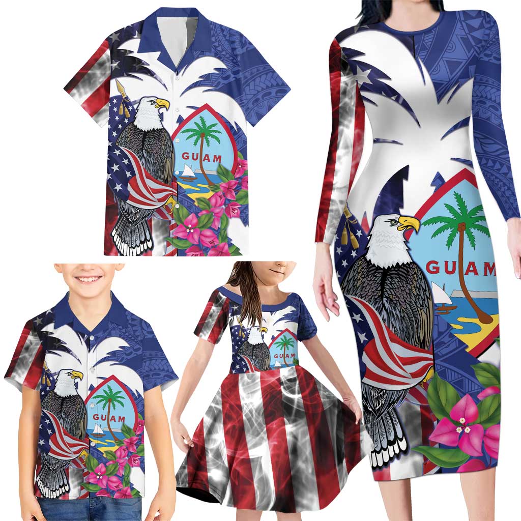 United States Guam Family Matching Long Sleeve Bodycon Dress and Hawaiian Shirt USA Eagle Guahan Seal Bougainvillea - Polynesian Pride