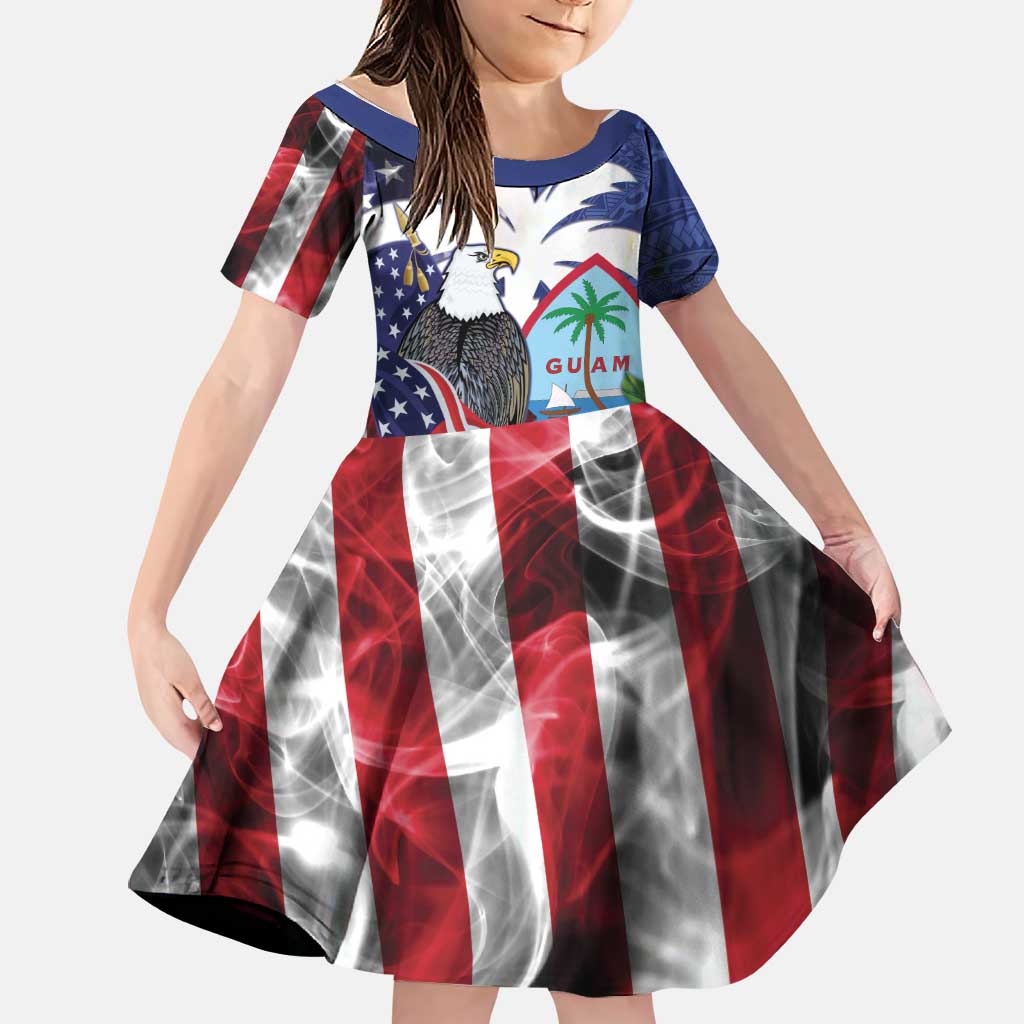 United States Guam Family Matching Off Shoulder Maxi Dress and Hawaiian Shirt USA Eagle Guahan Seal Bougainvillea LT14 Daughter's Dress Blue - Polynesian Pride