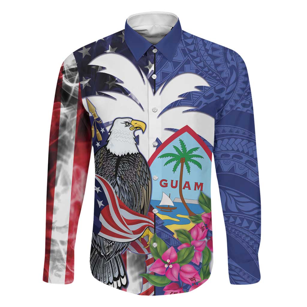 United States Guam Family Matching Tank Maxi Dress and Hawaiian Shirt USA Eagle Guahan Seal Bougainvillea LT14 Dad's Shirt - Long Sleeve Blue - Polynesian Pride