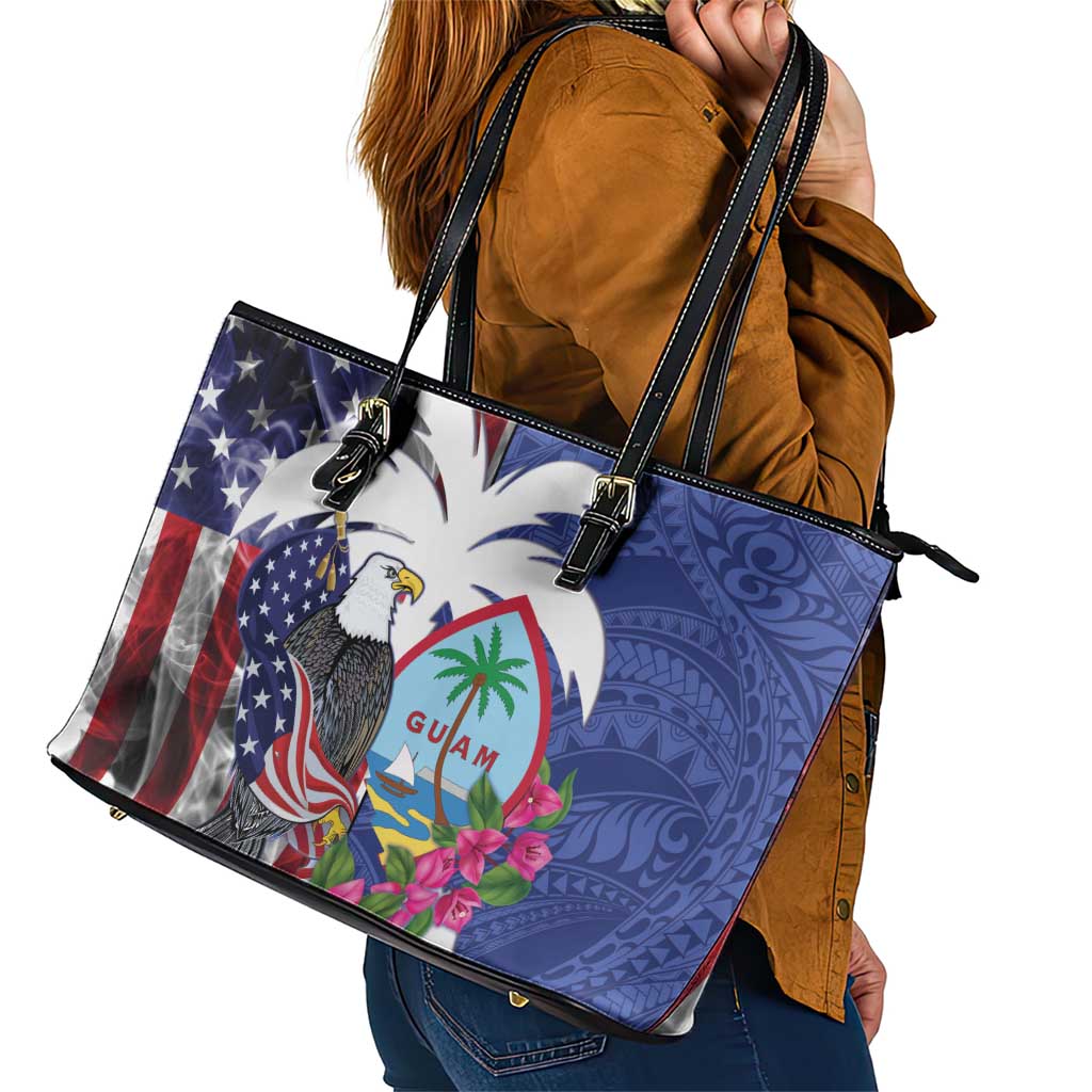 United States Guam Leather Tote Bag USA Eagle Guahan Seal Bougainvillea - Polynesian Pride