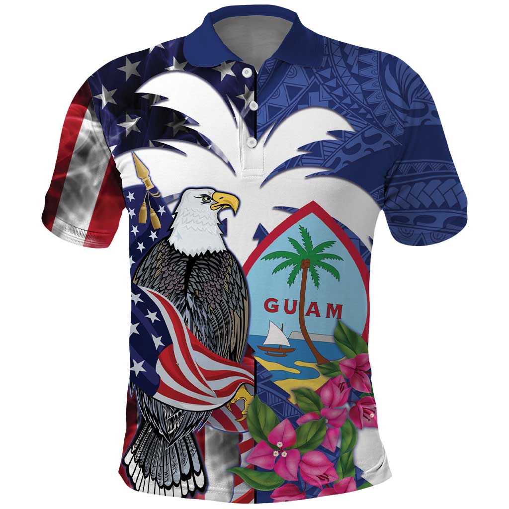 United States Guam Polo Shirt USA Eagle Guahan Seal Bougainvillea LT14 Blue - Polynesian Pride