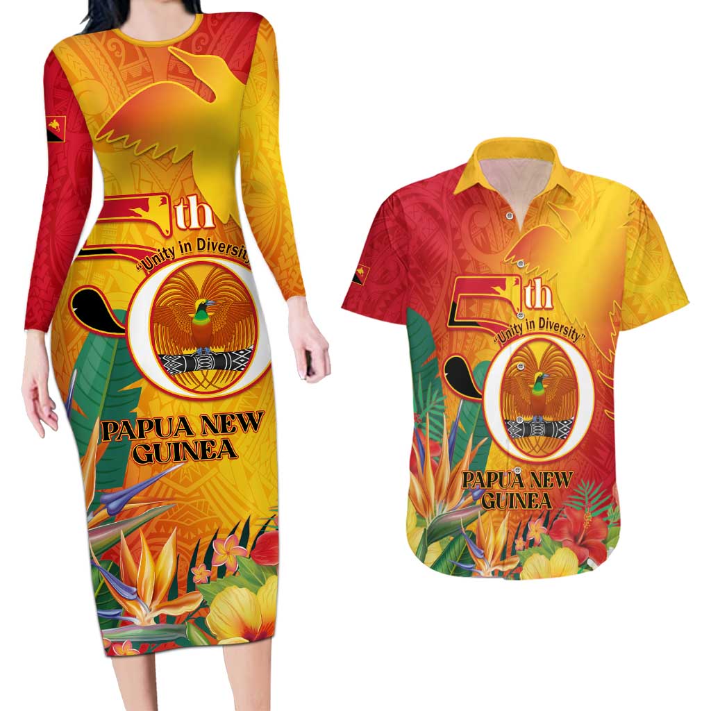 Papua New Guinea Independence Day Couples Matching Long Sleeve Bodycon Dress and Hawaiian Shirt 50th Anniversary Unity in Diversity