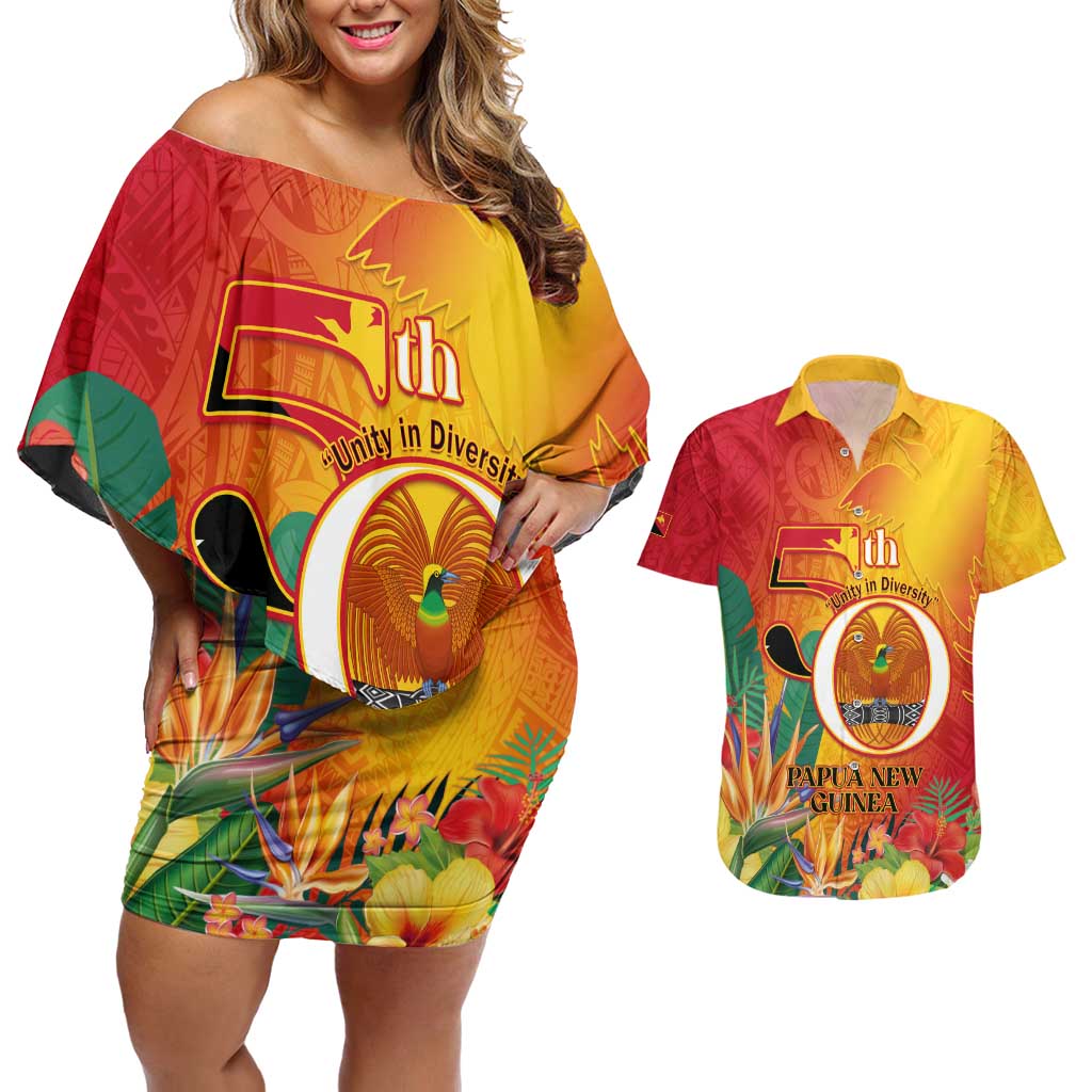 Papua New Guinea Independence Day Couples Matching Off Shoulder Short Dress and Hawaiian Shirt 50th Anniversary Unity in Diversity